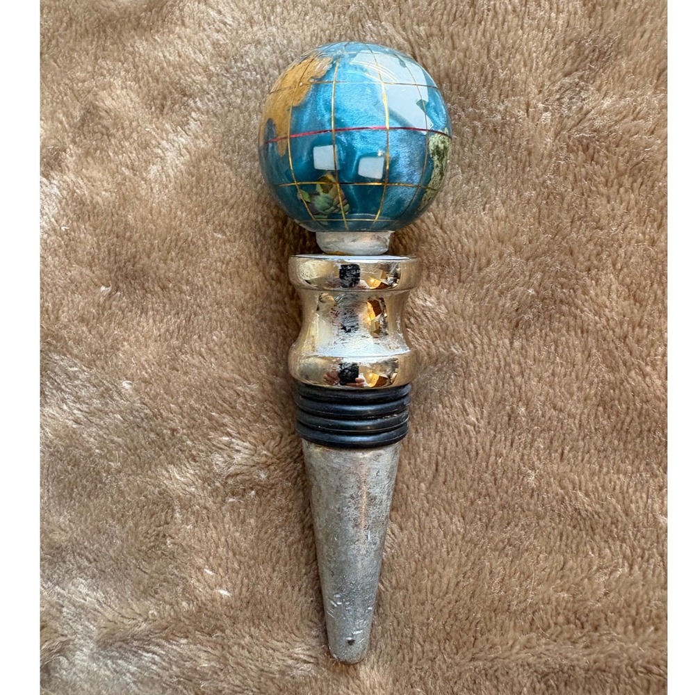 Globe Gemstone Wine Bottle Stopper Blue Gold Metal Travel Barware Accessory